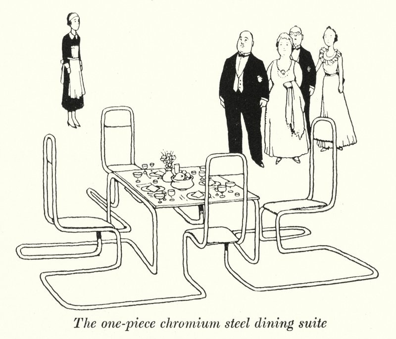 De eenstuk chroomstalen eetkamer set door William Heath Robinson