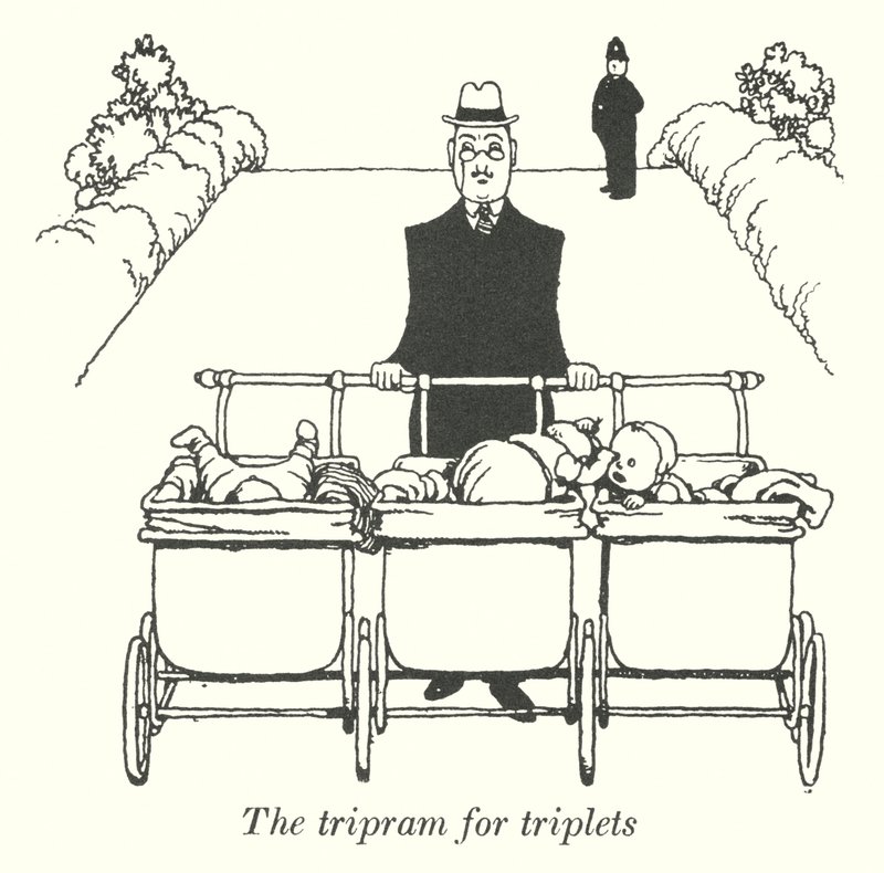 De tripram voor drielingen door William Heath Robinson