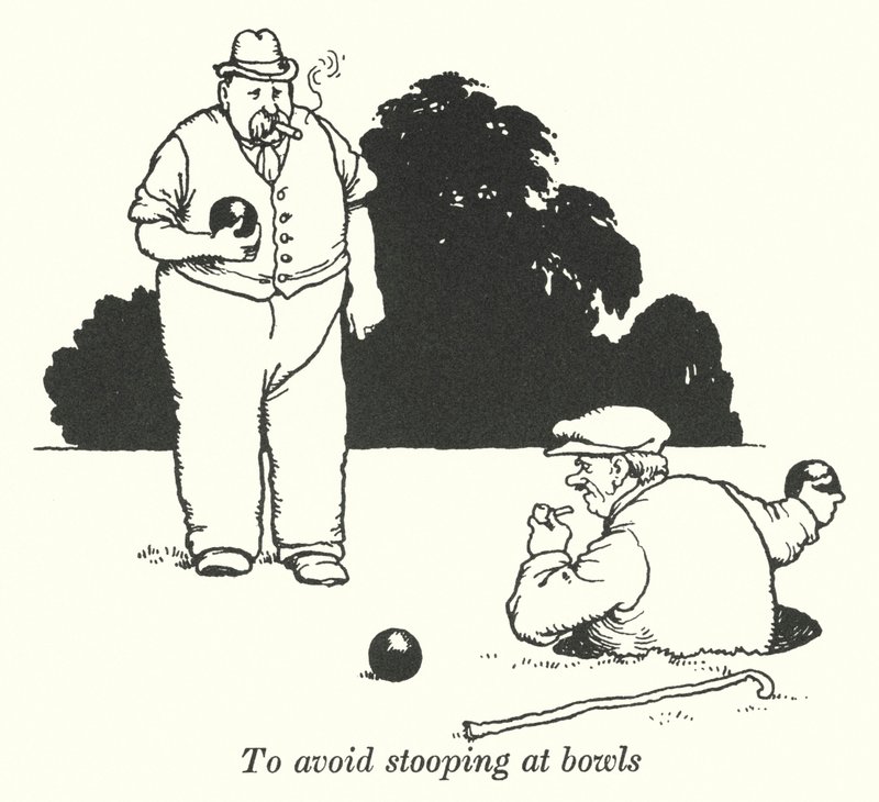 Om bukken bij het bowlen te vermijden (litho) door William Heath Robinson