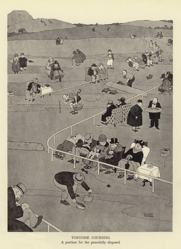 Schildpadrennen, een tijdverdrijf voor de vredelievenden door William Heath Robinson