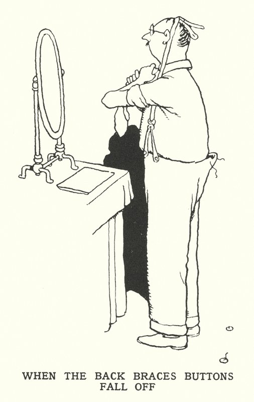Wanneer de knopen van de rugbeugels eraf vallen (litho) door William Heath Robinson
