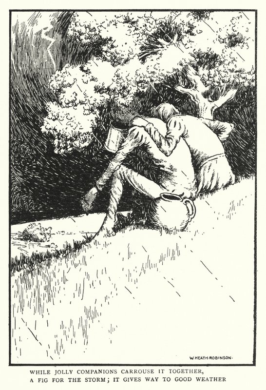 Terwijl vrolijke metgezellen samen carrouseren, een vijg voor de storm, het maakt plaats voor goed weer door William Heath Robinson