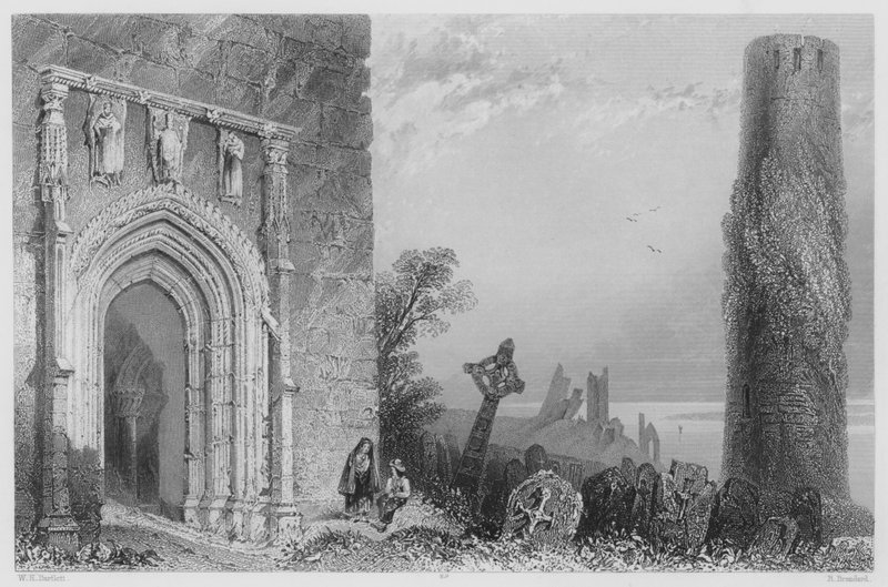 Ingangsdeur van Temple Mc Durmot, Clonmacnoise (gravure) door William Henry (after) Bartlett