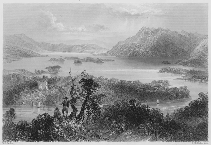 Hazlewood en Lough Gill, Sligo (gravure) door William Henry (after) Bartlett