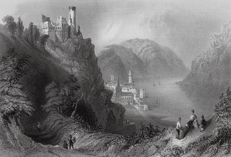 Oberwesel en het kasteel van Schomberg door William Henry (after) Bartlett