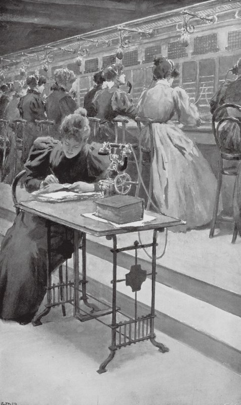 Aan het werk in een telefoonkamer door William Henry (after) Margetson