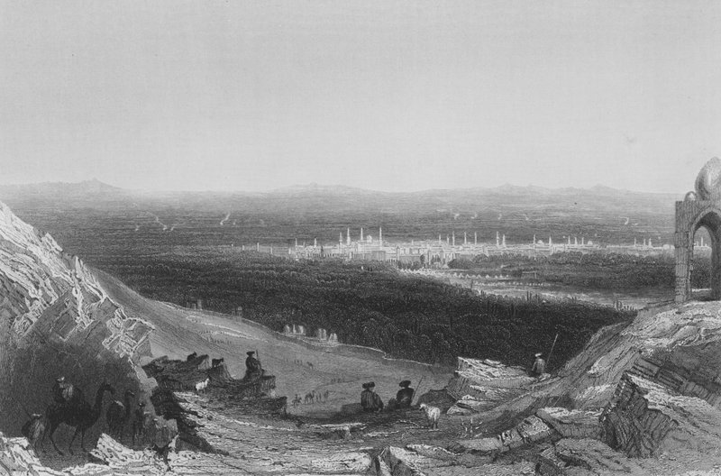 Damascus, verre uitzicht vanaf de berghelling door William Henry Bartlett