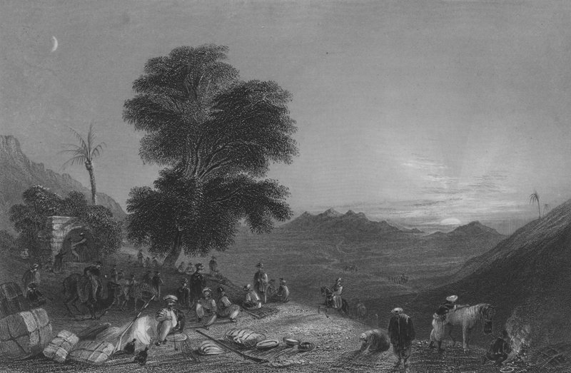 Stop van een karavaan in de woestijn van Girgola, nabij de berg Amanus door William Henry Bartlett
