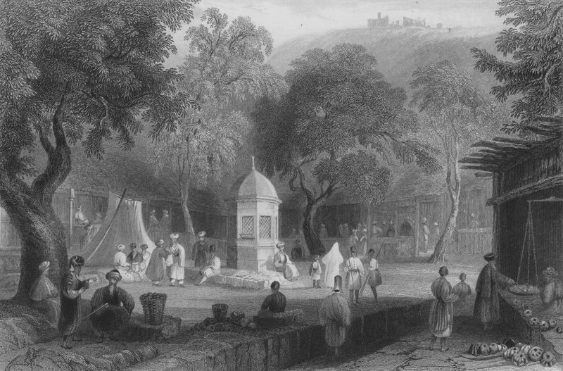 Marktscène en fontein, Antiochië door William Henry Bartlett