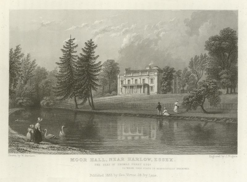 Moor Hall, nabij Harlow, Essex, het Landgoed van Thomas Perry, Esquire door William Henry Bartlett