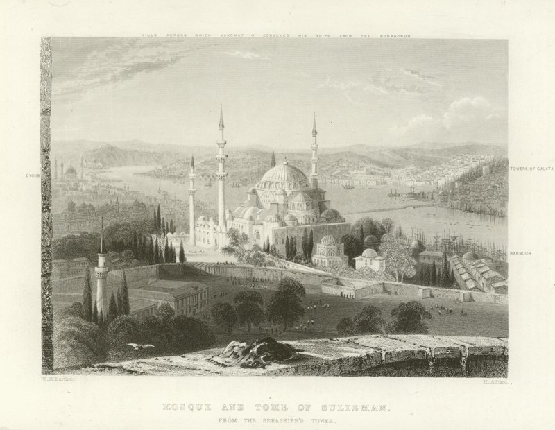 Moskee en Graf van Suleiman, Constantinopel door William Henry Bartlett