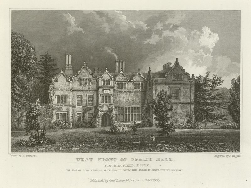 Westelijke voorzijde van Spains Hall, Finchingfield, Essex, de zetel van John Ruggles Brice, Esquire door William Henry Bartlett