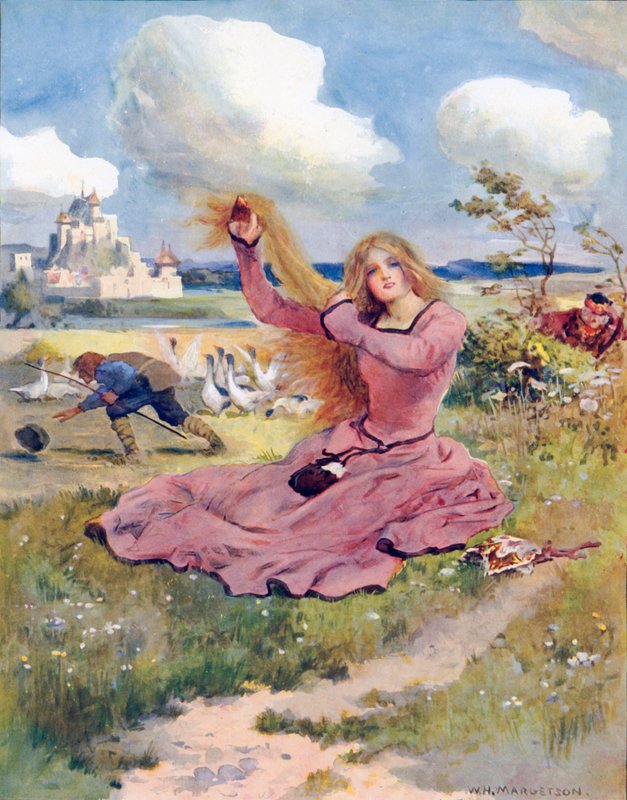 Blaas, jullie briesjes, blaas, zeg ik, blaas de hoed van de ganzenhoeder weg door William Henry Margetson