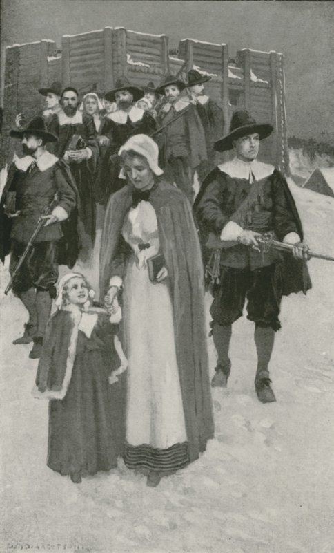 Sabbatdag met de pelgrimsvaders bij hun eerste nederzetting in New Plymouth door William Henry Margetson