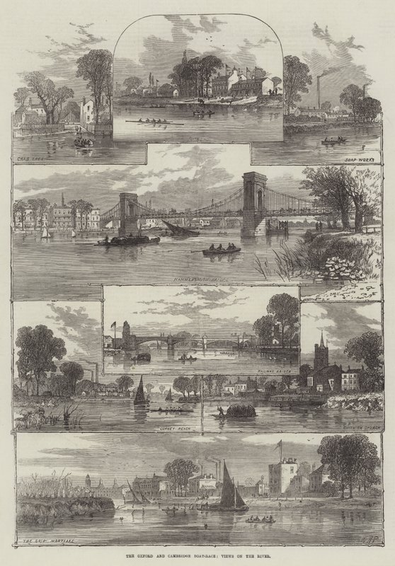 De Oxford en Cambridge bootrace, uitzichten op de rivier door William Henry Pike