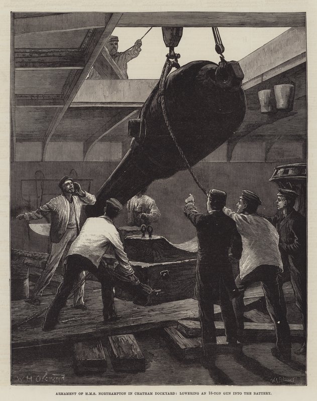 Bewapening van HMS Northampton in Chatham Dockyard, het laten zakken van een 18-tons Kanon in de Batterij door William Heysham Overend