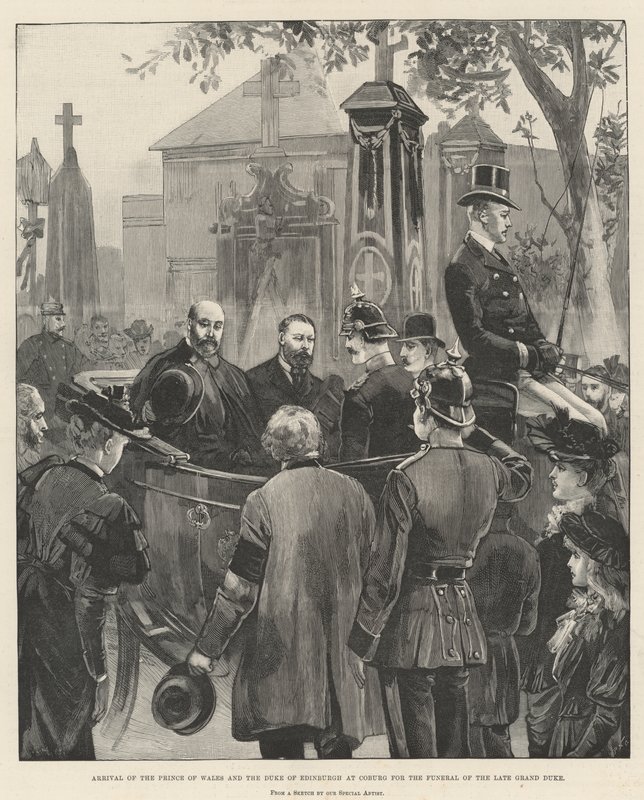 Aankomst van de Prins van Wales en de Hertog van Edinburgh in Coburg voor de begrafenis van de overleden Groothertog door William Heysham Overend