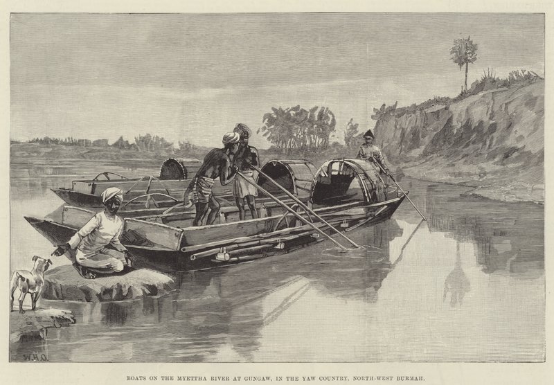 Boten op de Myettha-rivier bij Gungaw, in het Yaw-gebied, Noordwest-Birma door William Heysham Overend