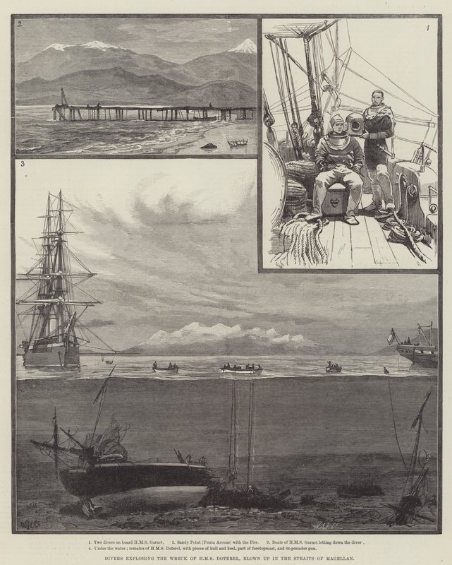 Duikers verkennen het wrak van HMS Doterel, opgeblazen in de Straat van Magellan door William Heysham Overend
