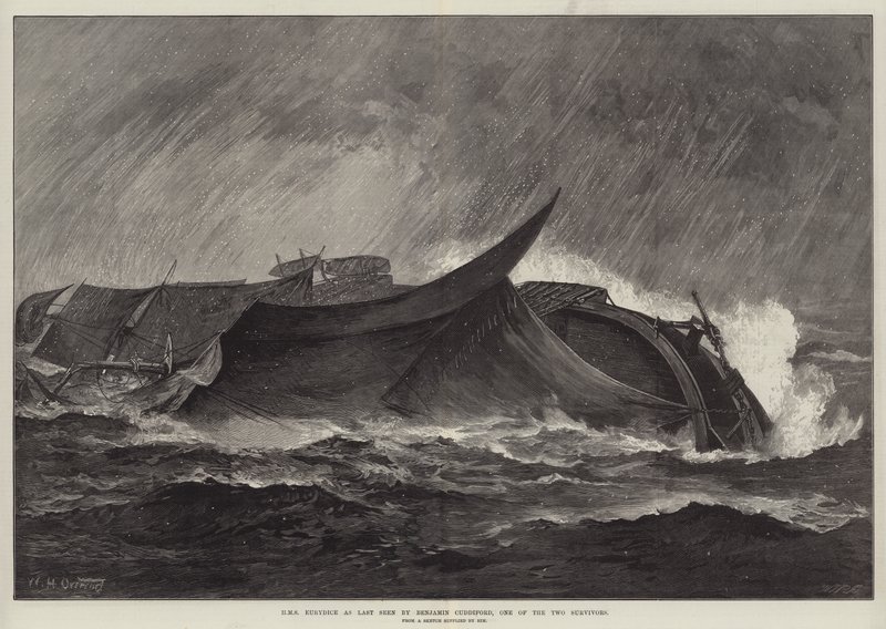 HMS Eurydice zoals voor het laatst gezien door Benjamin Cuddiford, een van de twee overlevenden door William Heysham Overend