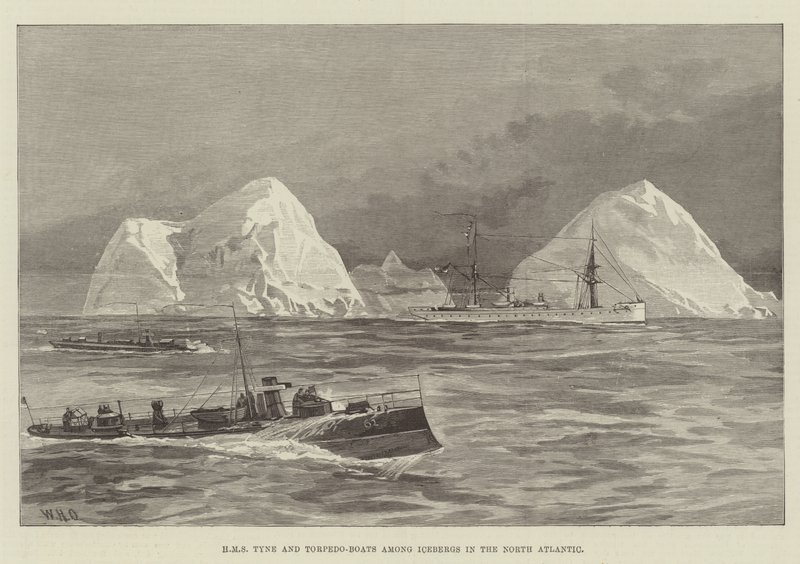 HMS Tyne en torpedoboten tussen ijsbergen in de Noord-Atlantische Oceaan door William Heysham Overend