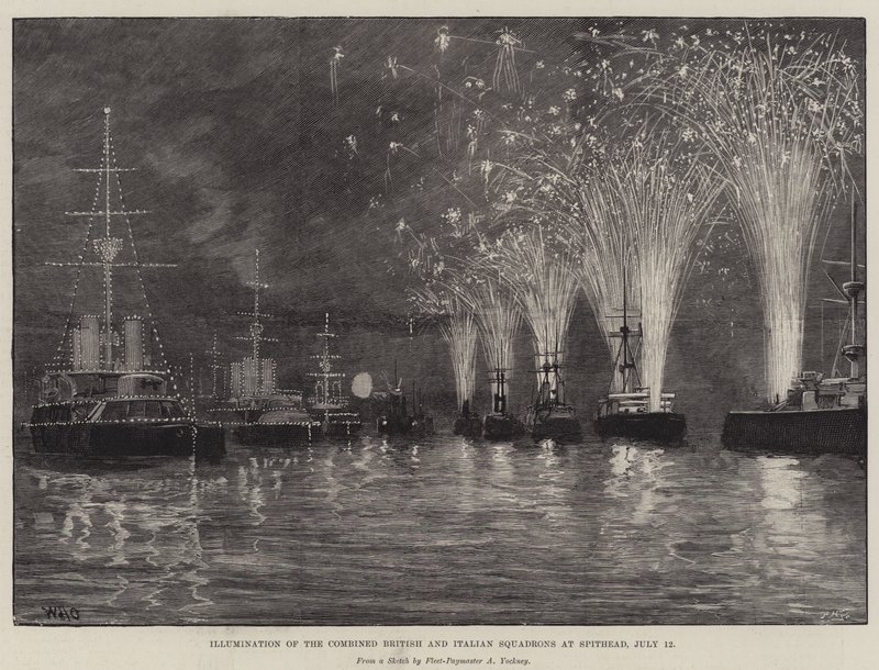 Verlichting van de Gecombineerde Britse en Italiaanse Eskaders bij Spithead, 12 juli door William Heysham Overend