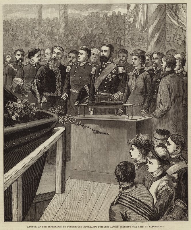 Lancering van de Inflexible in Portsmouth Dockyard, Prinses Louise start het schip met elektriciteit door William Heysham Overend