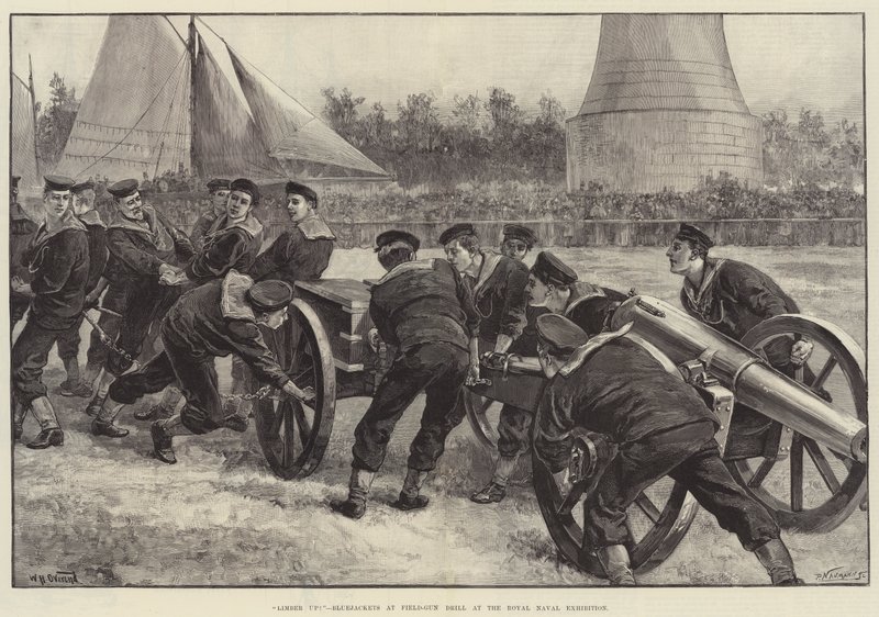 Limber Up! Bluejackets bij Field-Gun Drill op de Royal Naval Exhibition door William Heysham Overend