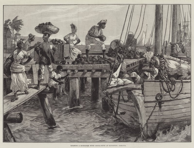 Het laden van een schoener met kokosnoten in Kingston, Jamaica door William Heysham Overend