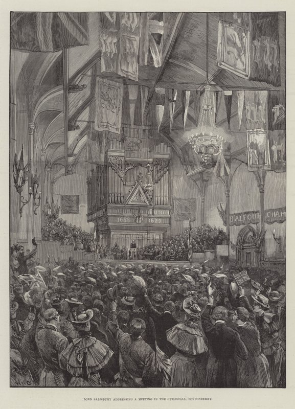 Lord Salisbury spreekt een vergadering toe in de Guildhall, Londonderry door William Heysham Overend