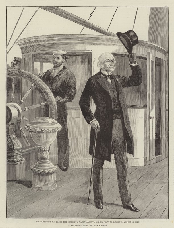 Mr. Gladstone aan boord van het jacht Alberta van Hare Majesteit, op weg naar Osborne, 15 augustus 1892 door William Heysham Overend
