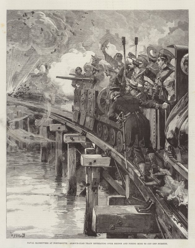 Marine manoeuvres in Portsmouth, pantser-trein trekt zich terug over brug en vuurt mijn om achtervolging af te snijden door William Heysham Overend