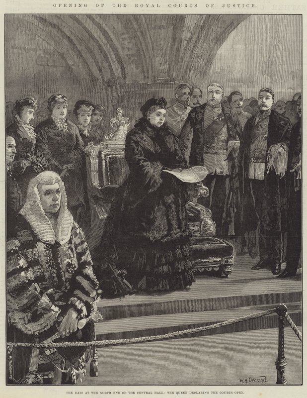 Opening van de Royal Courts of Justice, het podium aan de noordkant van de centrale hal, de koningin verklaart de rechtbanken geopend door William Heysham Overend