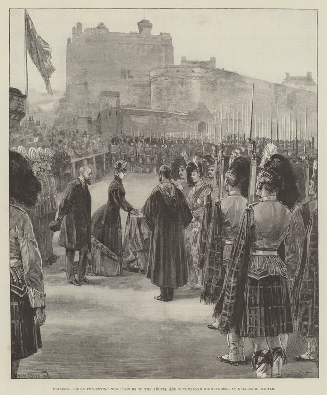 Prinses Louise die Nieuwe Kleuren presenteert aan de Argyll en Sutherland Highlanders in Edinburgh Castle door William Heysham Overend