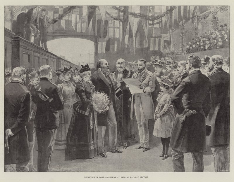 Ontvangst van Lord Salisbury op het Belfast treinstation door William Heysham Overend