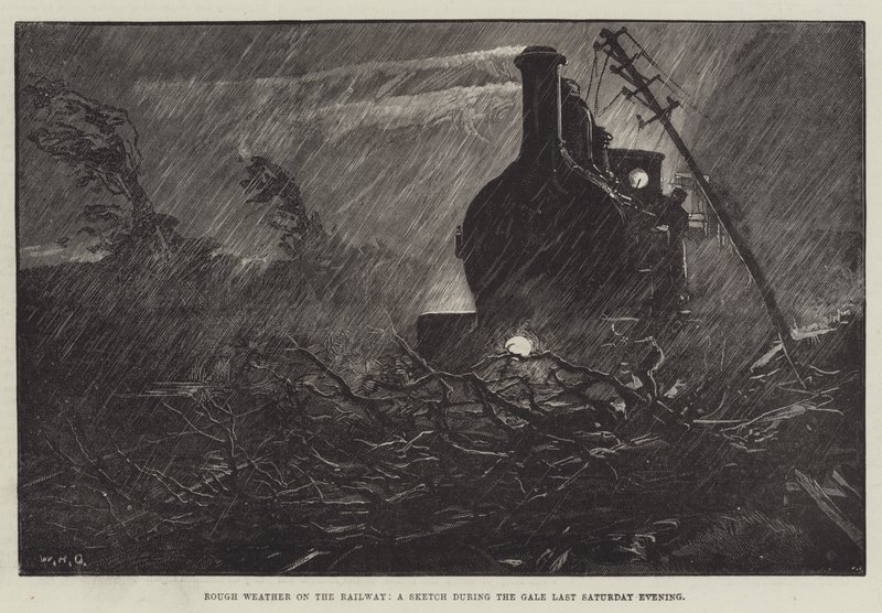 Ruw weer op de spoorweg, een schets tijdens de storm van afgelopen zaterdagavond door William Heysham Overend