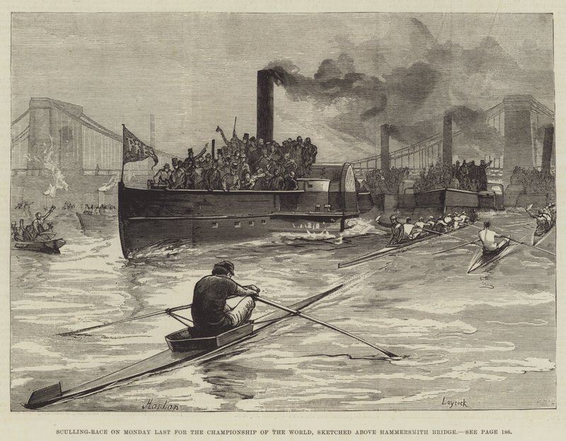 Sculling-race afgelopen maandag voor het wereldkampioenschap, geschetst boven Hammersmith Bridge door William Heysham Overend