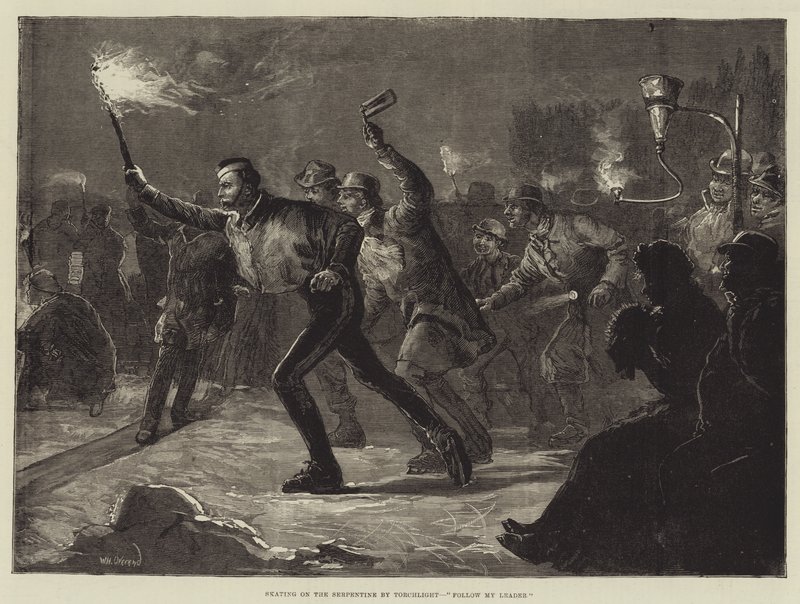 Schaatsen op de Serpentine bij Fakkellicht, Volg Mijn Leider door William Heysham Overend