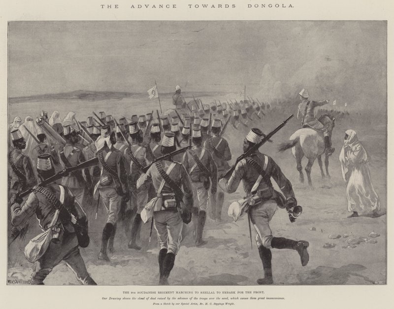 De opmars naar Dongola, het 9e Soedanese regiment marcheert naar Shellal om in te schepen voor het front door William Heysham Overend