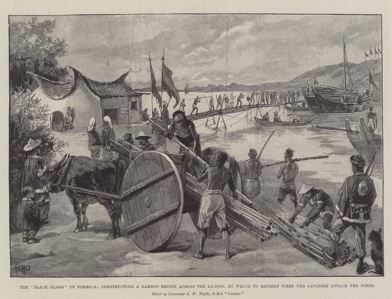 De zwarte vlaggen in Formosa, bouwen een bamboebrug over de lagune om zich terug te trekken wanneer de Japanners de forten aanvallen door William Heysham Overend