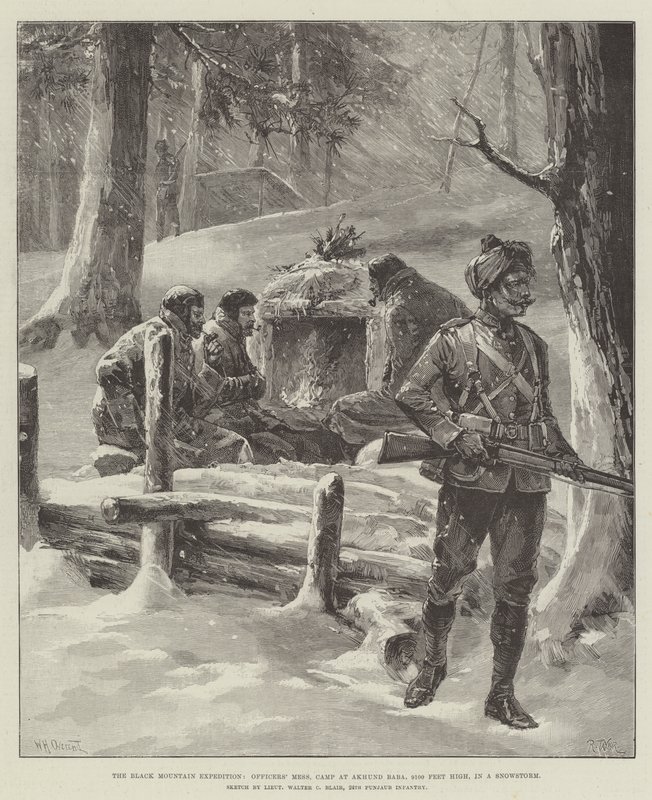 De Zwarte Berg Expeditie, Officiersmess, Kamp bij Akhund Baba, 9100 voet hoog, in een sneeuwstorm door William Heysham Overend