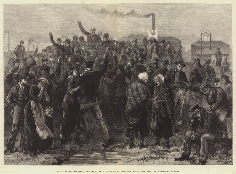 De Blantyre Colliery explosie, nabij Glasgow, oproep voor vrijwilligers voor de verkenningspartijen door William Heysham Overend
