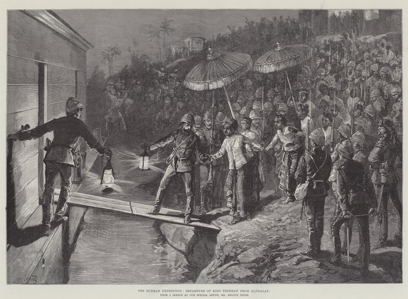 De Burmah-expeditie, vertrek van koning Theebaw uit Mandalay door William Heysham Overend