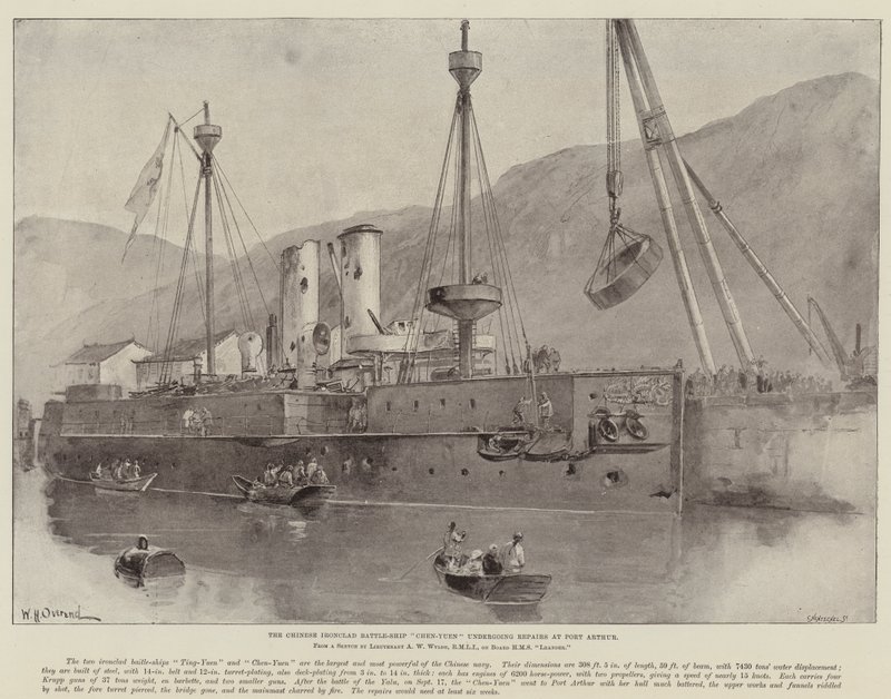 Het Chinese Pantserfregat Chen-Yuen ondergaat Reparaties in Port Arthur door William Heysham Overend