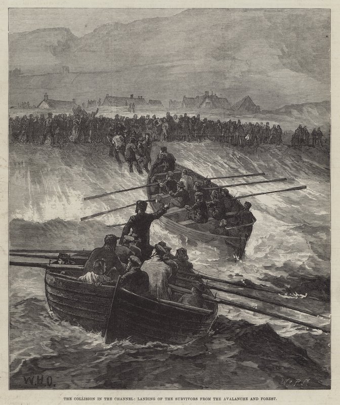De botsing in het Kanaal, landing van de overlevenden van de Avalanche en Forest door William Heysham Overend