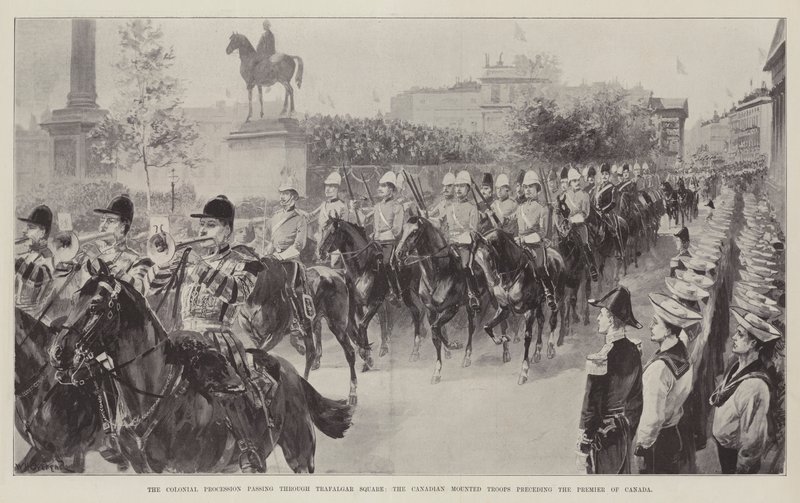 De koloniale processie door Trafalgar Square, de Canadese bereden troepen voorafgaand aan de premier van Canada door William Heysham Overend