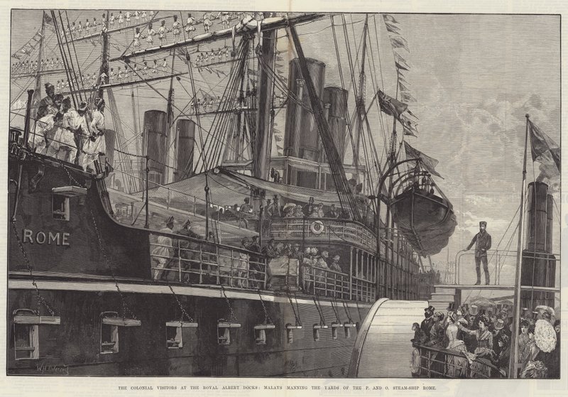 De Koloniale Bezoekers bij de Royal Albert Docks, Maleiers bemannen de masten van het P en O stoomschip Rome door William Heysham Overend
