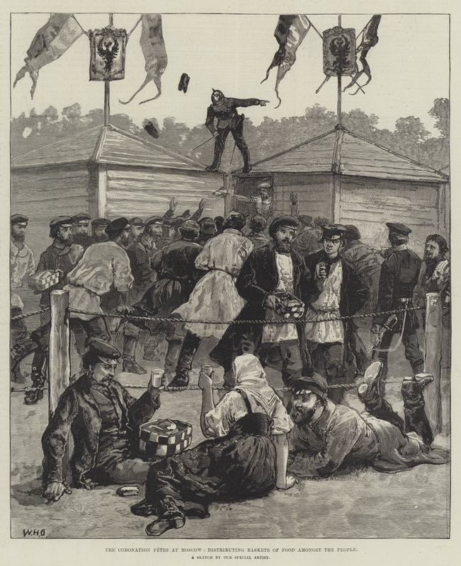 De kroningsfeesten in Moskou, het uitdelen van voedselmanden onder het volk door William Heysham Overend