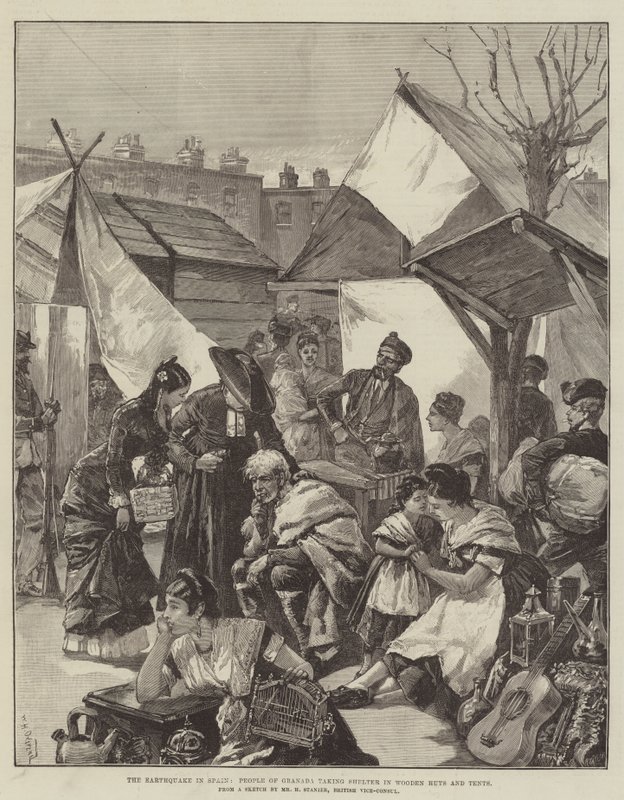 De Aardbeving in Spanje, Mensen van Granada die Schuilen in Houten Hutten en Tentjes door William Heysham Overend