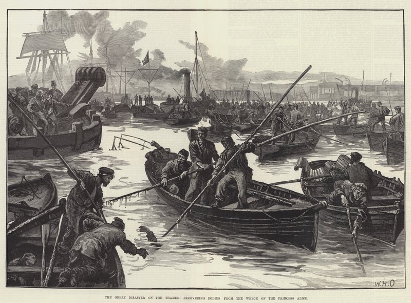 De Grote Ramp op de Theems, lichamen bergen uit het Wrak van de Princess Alice door William Heysham Overend